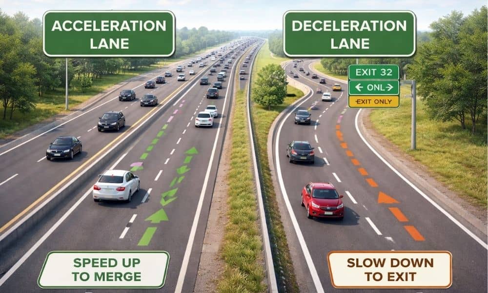 Realistic highway scene showing acceleration lane merging traffic and deceleration lane exiting traffic with clear lane differences