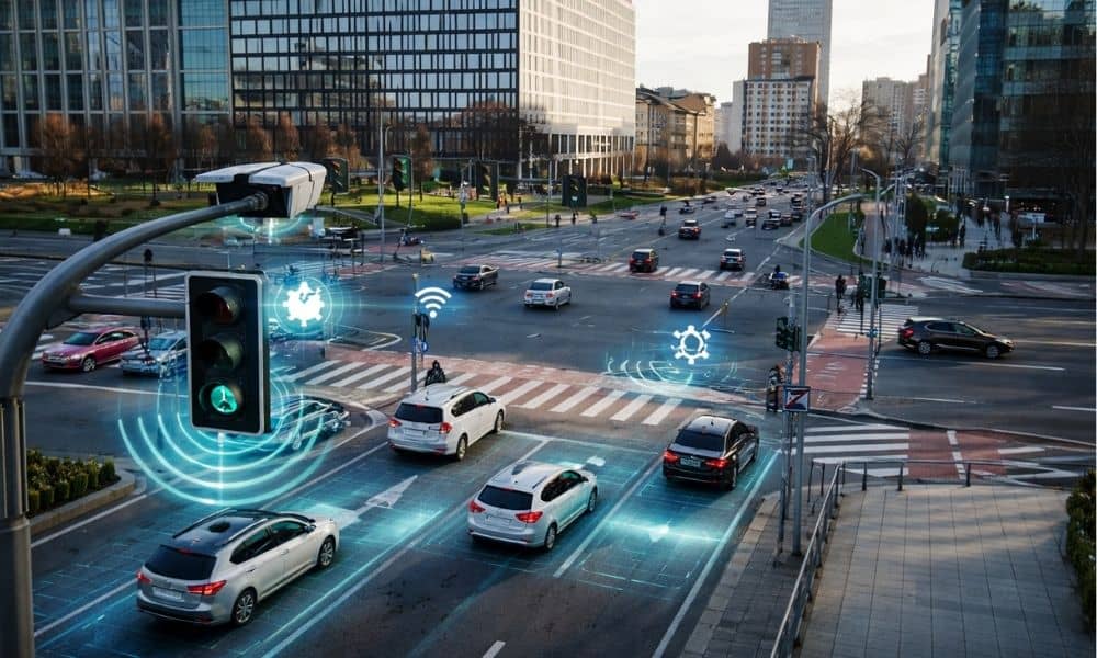 Urban intersection showing traffic signals managing multiple lanes of vehicles in a smart city transportation system with subtle sensor technology