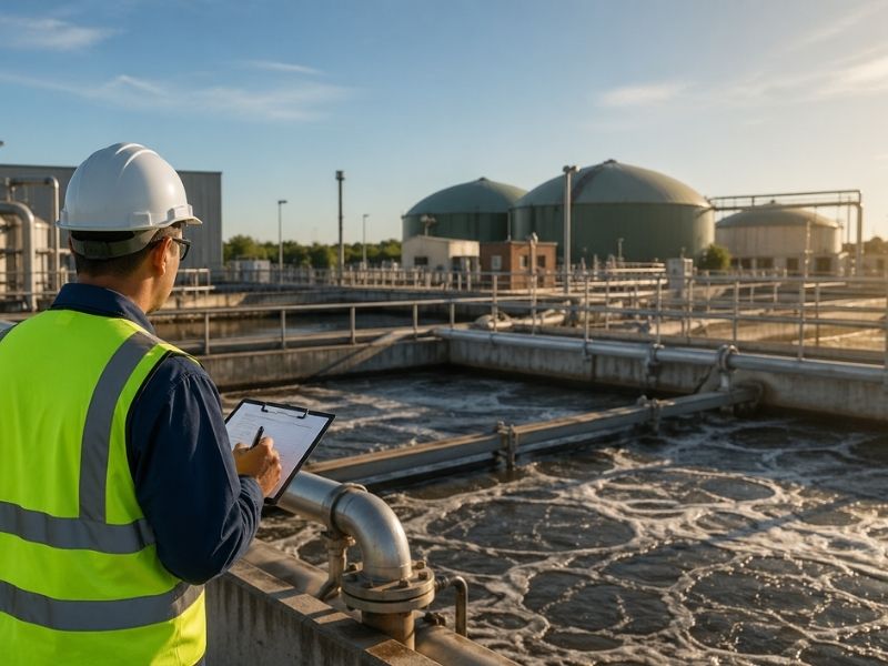Engineer inspecting a water treatment facility with flow control systems and pipeline monitoring equipment