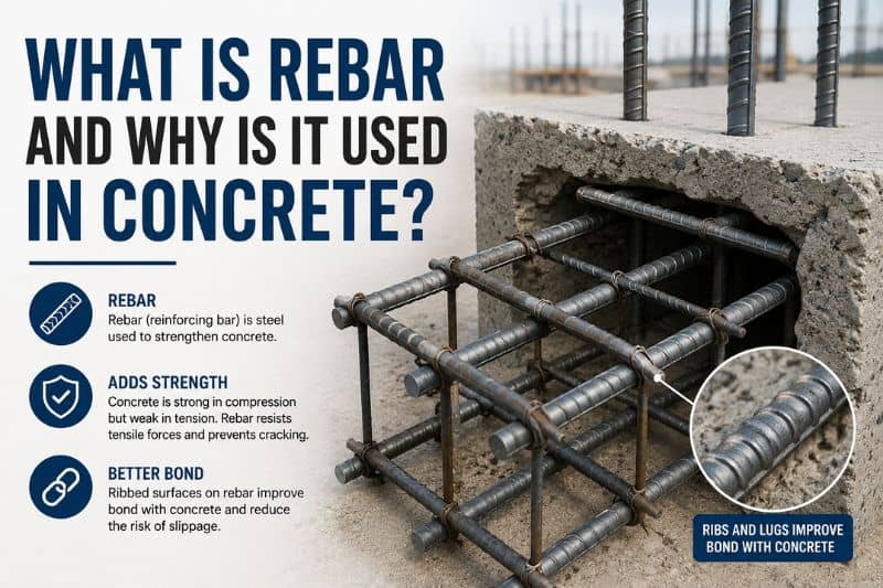 Infographic showing steel rebar embedded in concrete and explaining how rebar strengthens concrete structures by improving tensile strength and durability